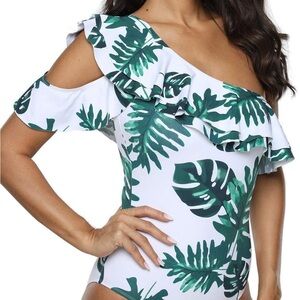 One-Shoulder Leaf Print Swimsuit